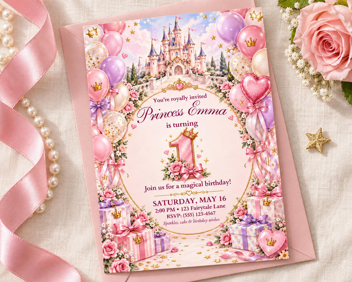 A pink invitation card for a princess's 1st birthday party, featuring a castle, balloons, and a princess.