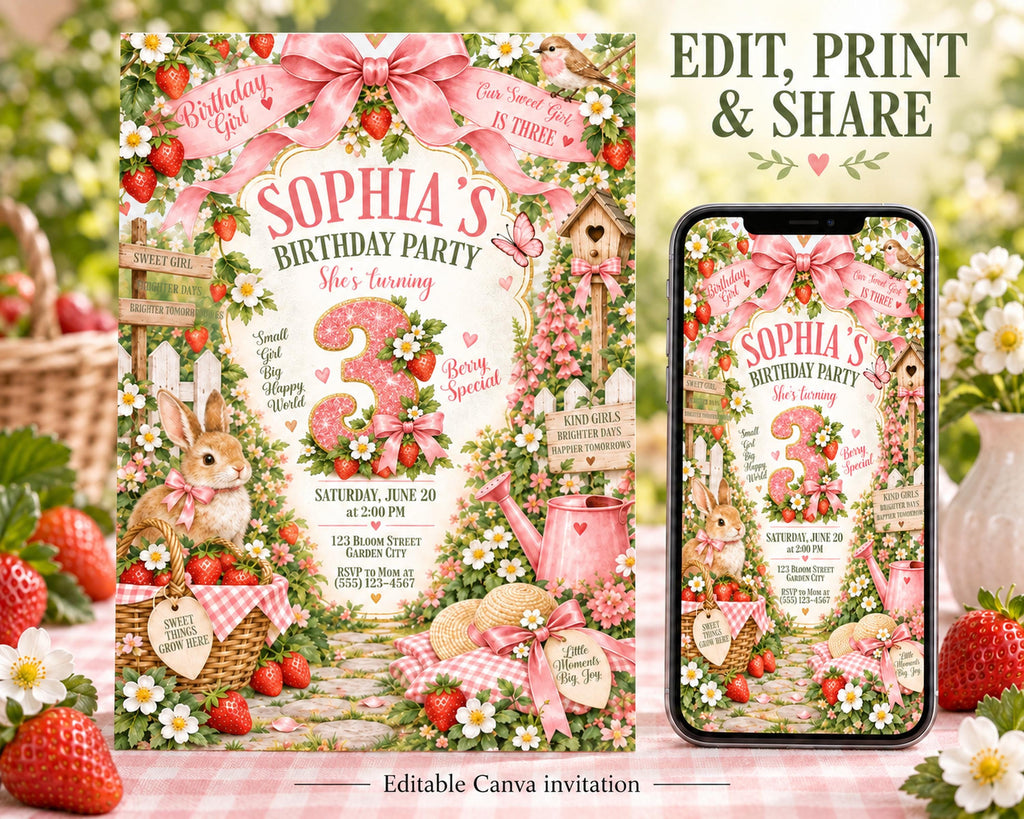 The image is a birthday party invitation featuring a garden theme with a rabbit, flowers, and a basket of strawberries. The invitation is for a 3-year-old girl's birthday party.