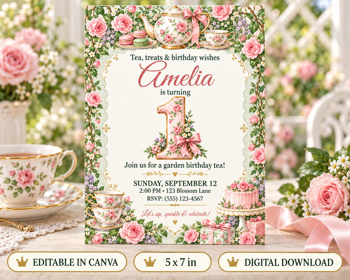 The image is a birthday invitation for a girl named Amelia, featuring a floral design with teacups, cakes, and roses. The invitation is for a garden birthday tea party and invites guests to join for a garden birthday tea.