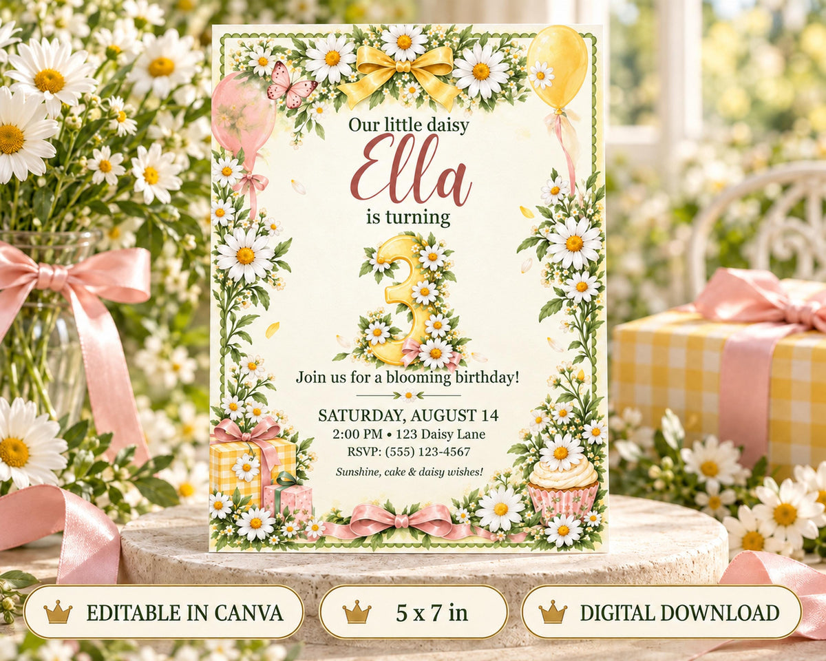 The image is a birthday invitation for a little girl named Ella, featuring a floral border and various decorations such as balloons and presents.