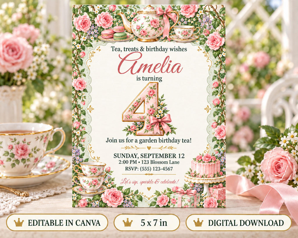The image is a birthday invitation for a girl named Amelia, featuring a floral design with teacups, roses, and a cake.
