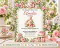The image is a birthday invitation for a girl named Amelia, featuring a floral design with teacups, roses, and a cake.