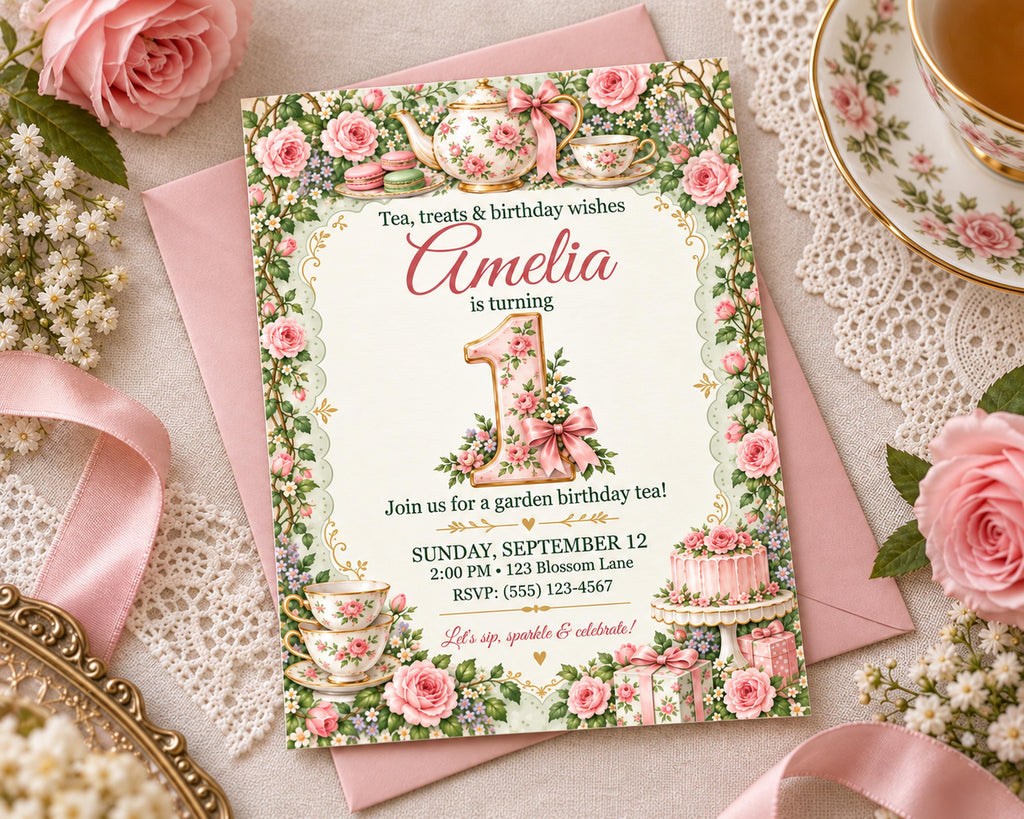 A pink invitation card for a tea party birthday celebration for a girl named Amelia, featuring a floral design and the text "Tea treats & birthday wishes Amelia is turning 1. Join us for a garden birthday tea!"