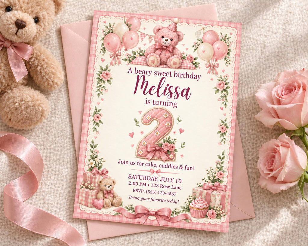 A birthday invitation for a girl named Melissa, featuring a pink and white color scheme with teddy bears, balloons, and other decorative elements.