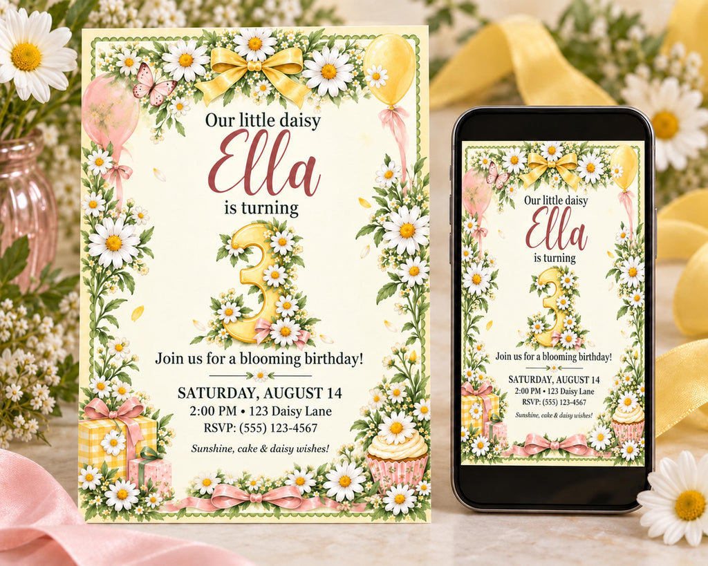 a birthday invitation for a little girl named Ella, with a floral design and a digital version of the same invitation displayed on a smartphone.