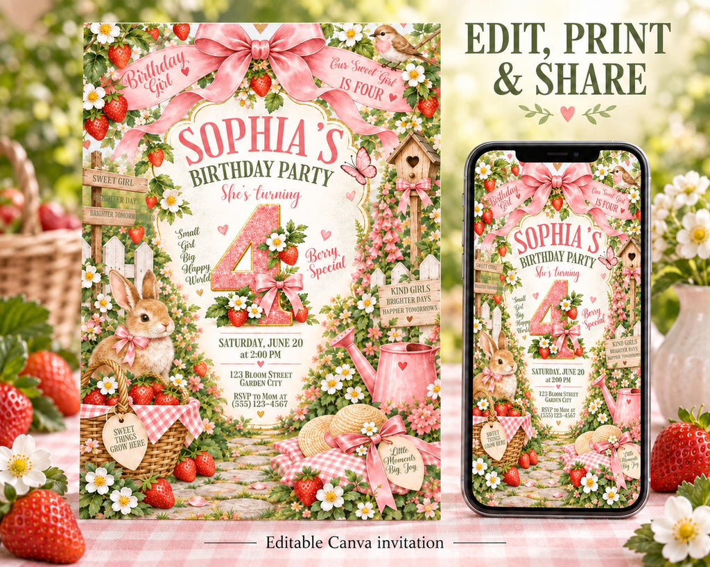 The image is a birthday party invitation featuring a garden theme with a rabbit, flowers, and a pink ribbon. The invitation is for a 4-year-old girl's birthday party.