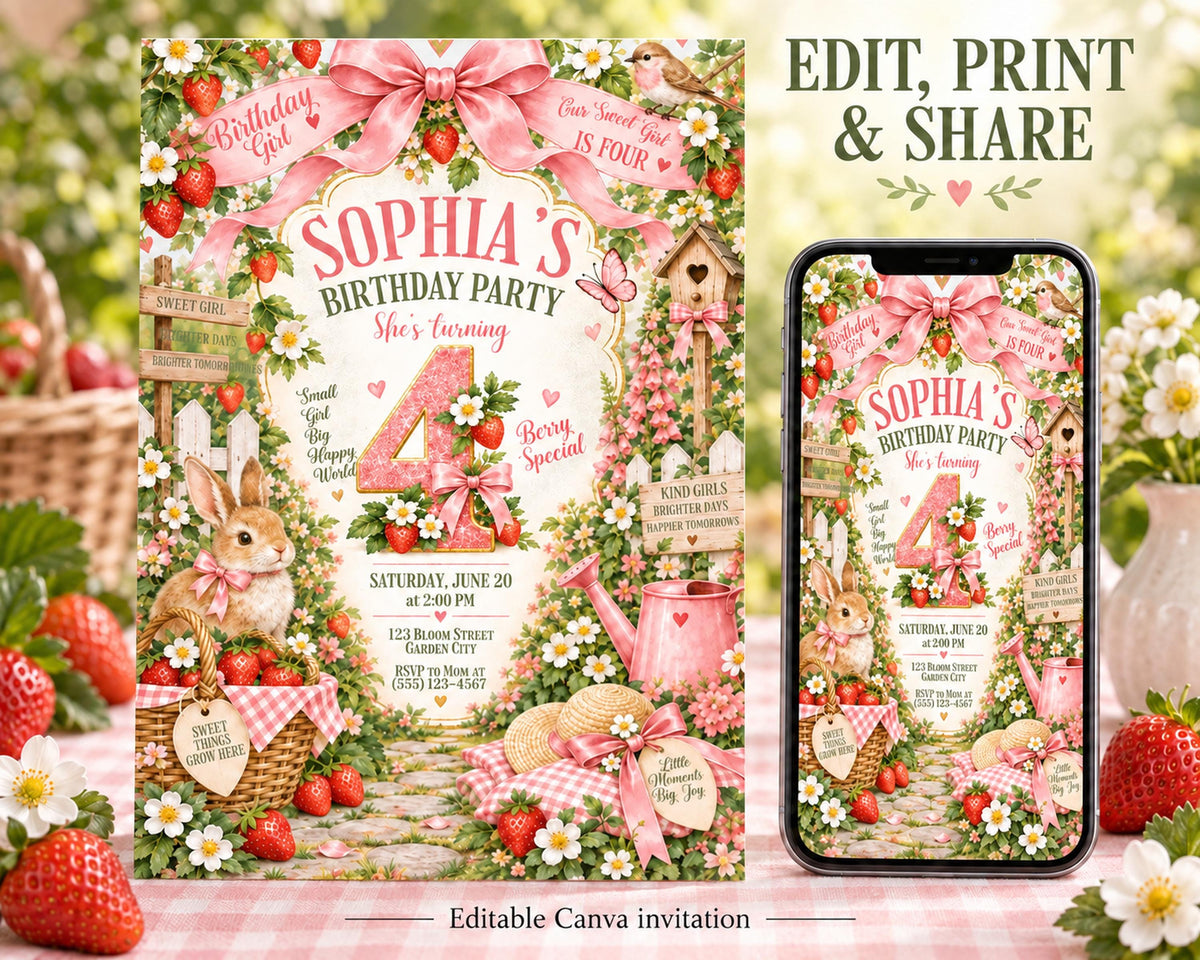 The image is a birthday party invitation featuring a garden theme with a rabbit, flowers, and a pink ribbon. The invitation is for a 4-year-old girl's birthday party.