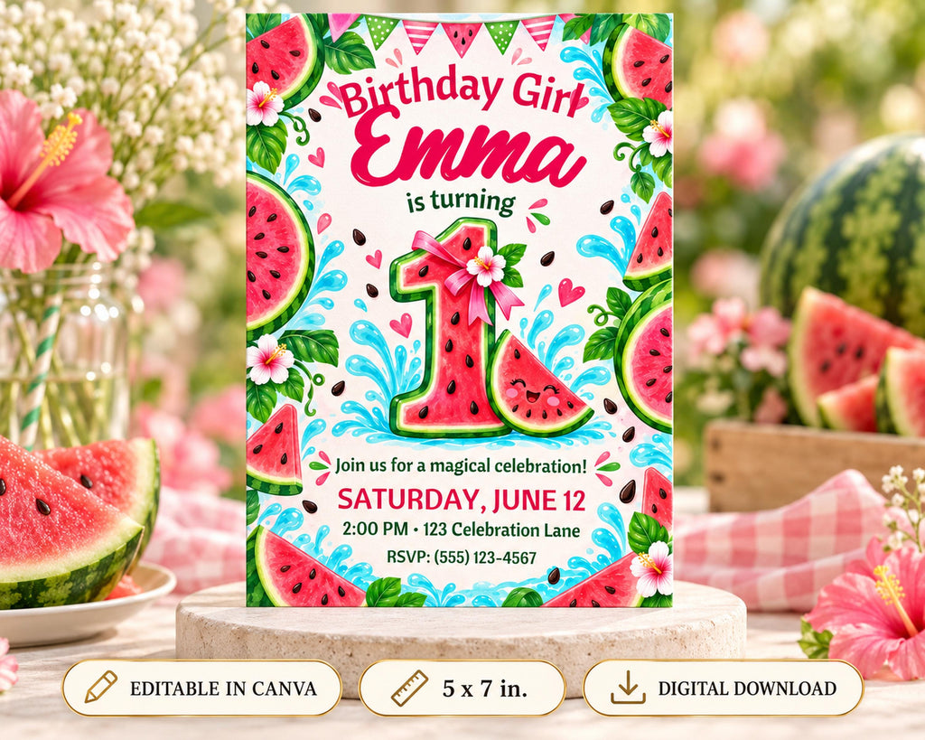 The image is a birthday invitation for a girl named Emma, featuring a watermelon theme with various watermelon slices and flowers surrounding the central image.