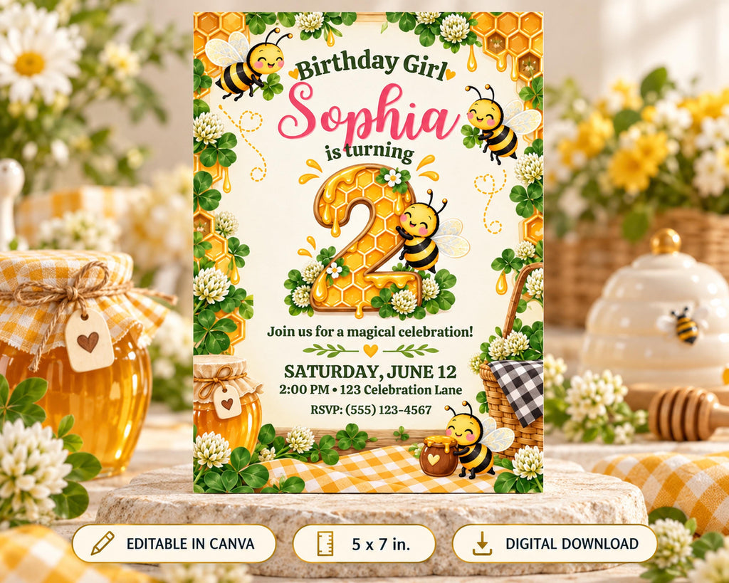 A birthday invitation for a girl named Sophia, featuring a honeycomb design with bees and flowers, along with details about the event.