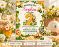 A birthday invitation for a girl named Sophia, featuring a honeycomb design with bees and flowers, along with details about the event.