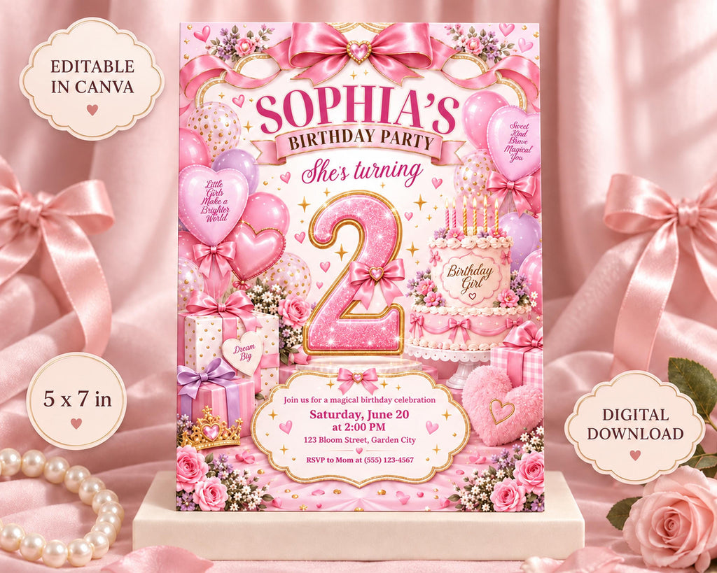 The image is a birthday party invitation for a girl named Sophia, featuring a pink and white color scheme with various decorations such as balloons, ribbons, and a cake.