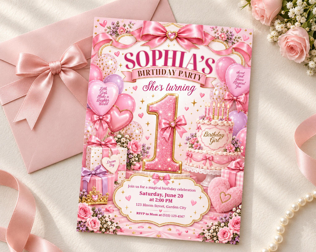 The image is a birthday party invitation for a girl named Sophia, featuring pink and white colors, balloons, and a cake.