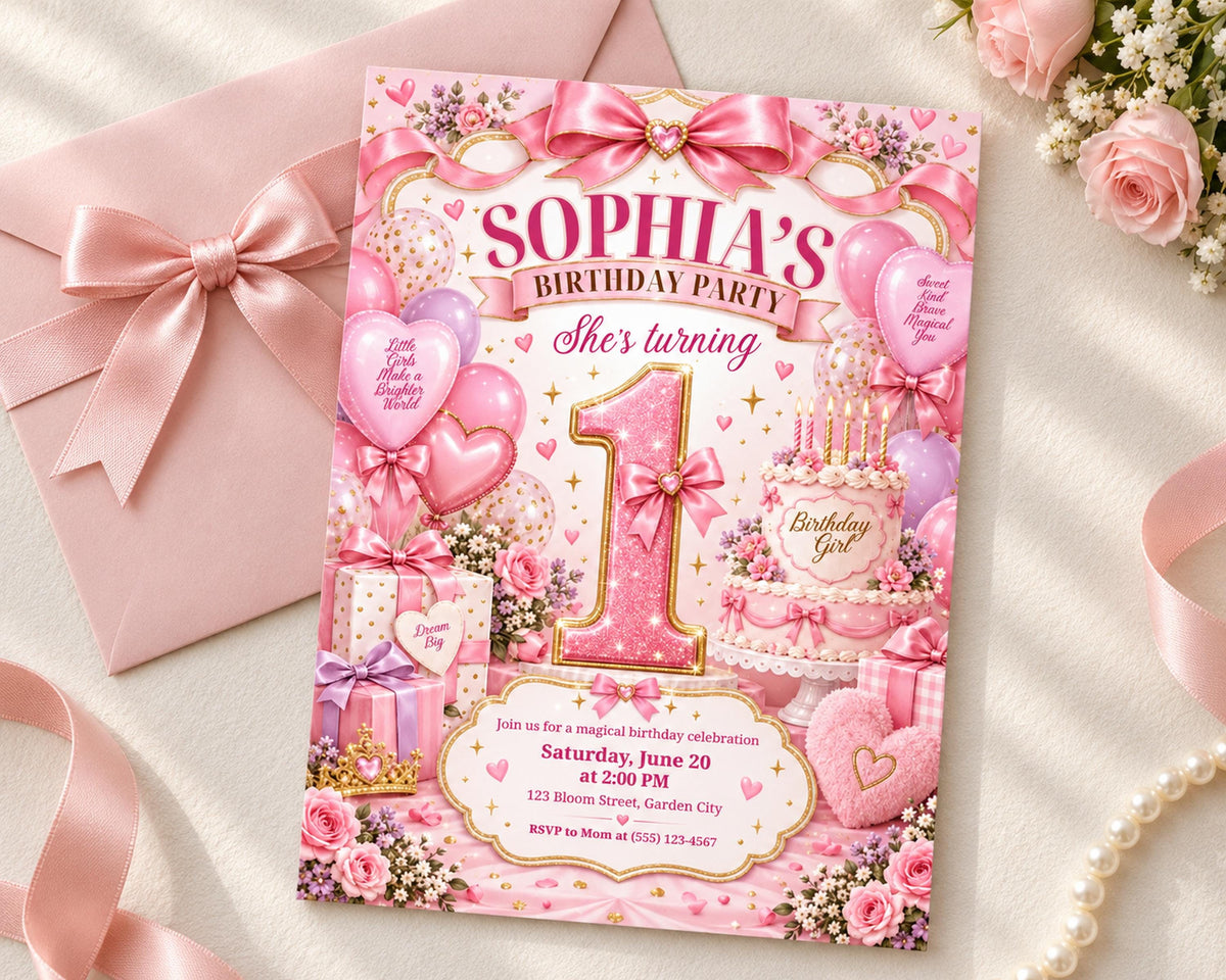 The image is a birthday party invitation for a girl named Sophia, featuring pink and white colors, balloons, and a cake.