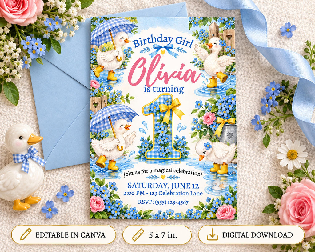 The image is a birthday invitation featuring a duck theme, with illustrations of ducks and flowers surrounding the text.
