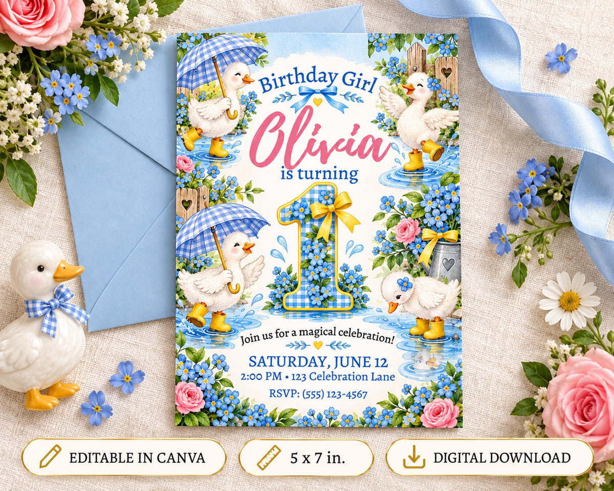 The image is a birthday invitation featuring a duck theme, with illustrations of ducks and flowers surrounding the text.
