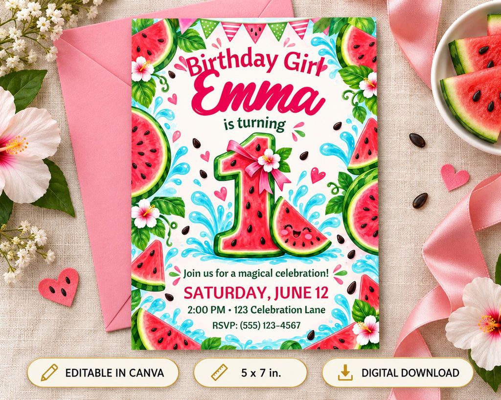 The image is a birthday invitation for a girl named Emma, featuring a watermelon theme with various watermelon slices and flowers surrounding the number 1.