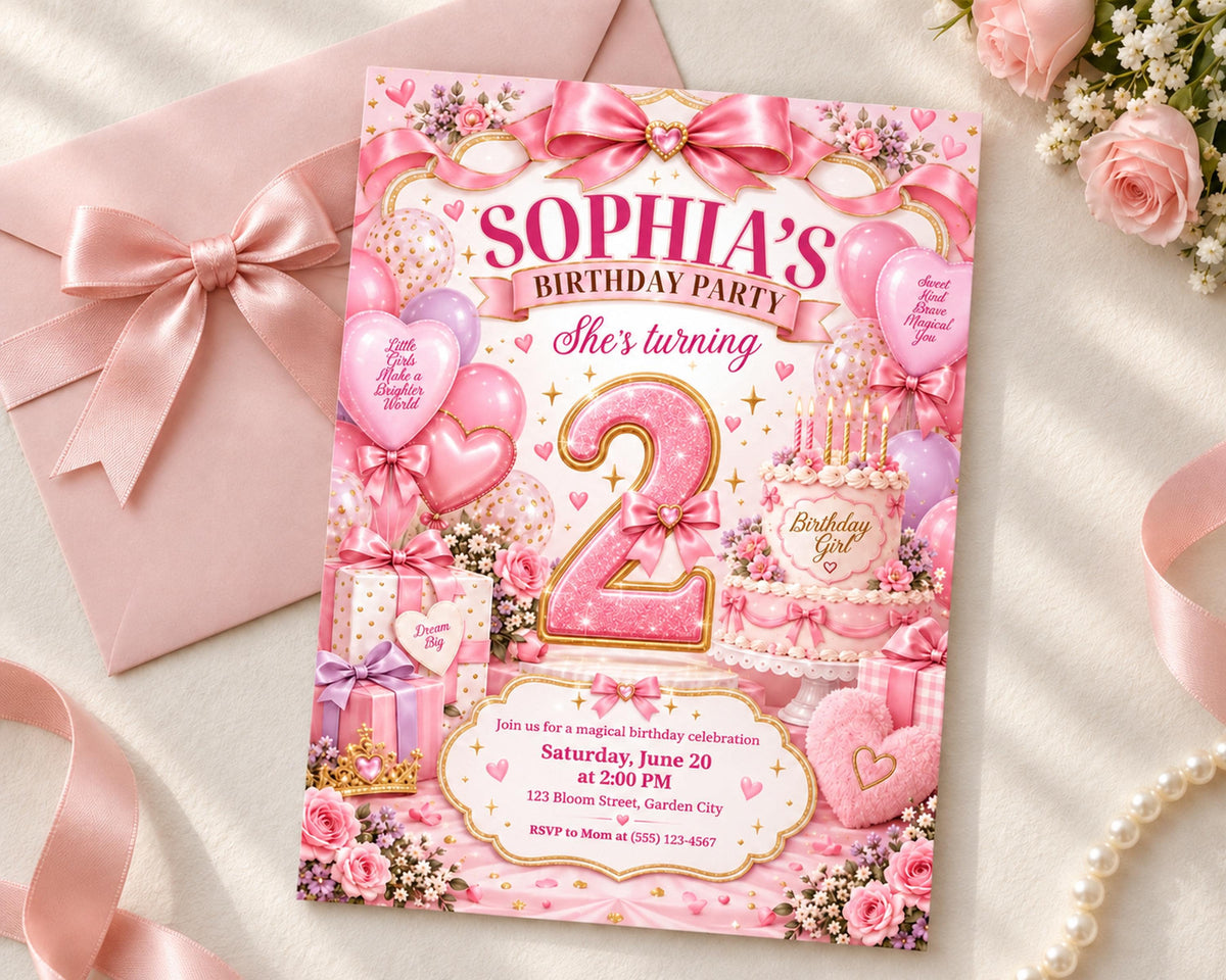 The image is a birthday party invitation for a girl named Sophia, featuring a pink and white color scheme with various decorations such as balloons, flowers, and a cake.