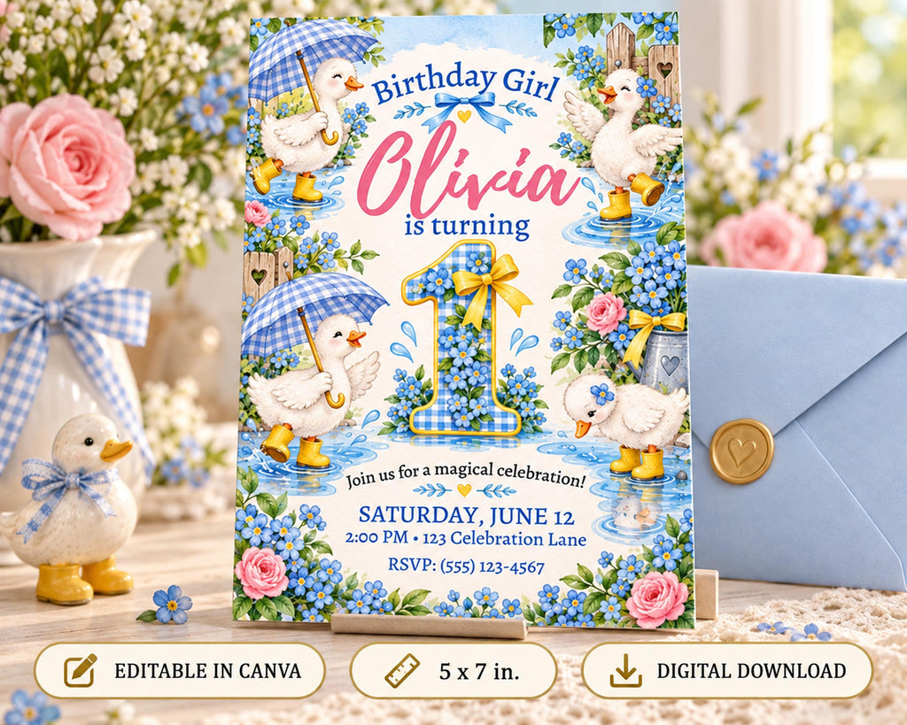 The image is a birthday invitation featuring a duck theme, with illustrations of ducks holding umbrellas and surrounded by flowers. The invitation is for a magical celebration of Olivia's first birthday, set for Saturday, June 12th at 2:00 PM at the Celebration Lane. The invitation includes a digital download option and a "EDITABLE IN CANVA" feature, allowing for customization of the design.