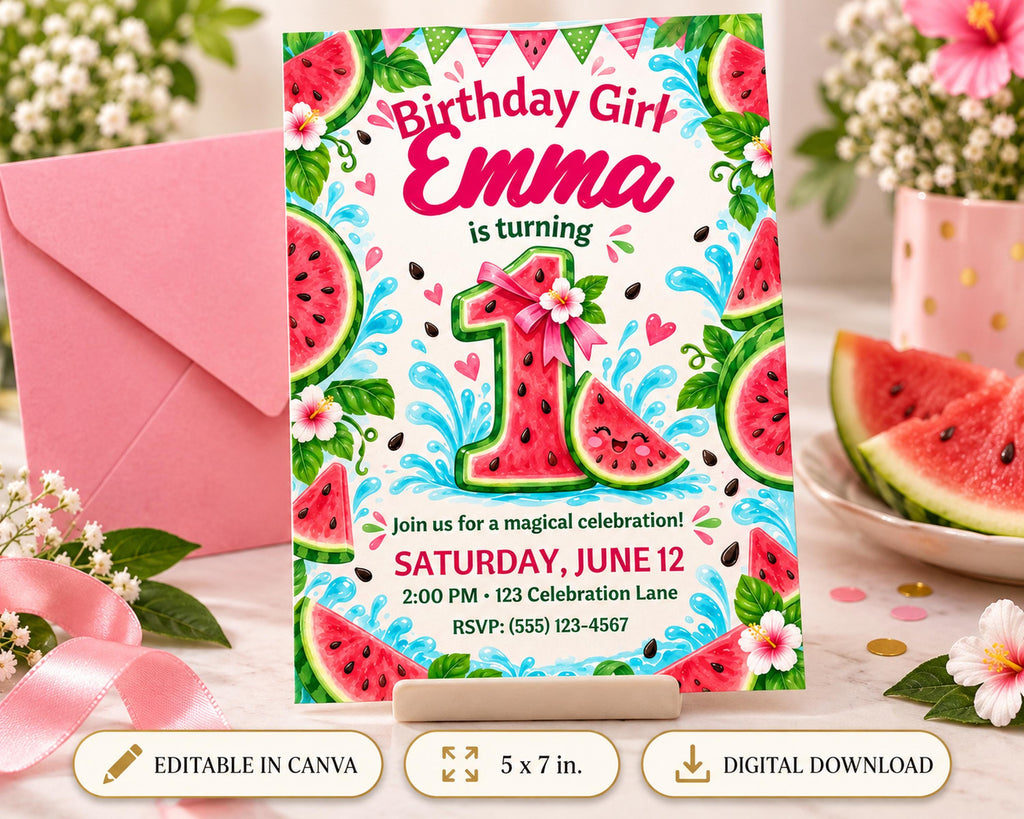 The image is a birthday invitation for a girl named Emma, featuring a watermelon theme with various watermelon slices and decorations surrounding the text.