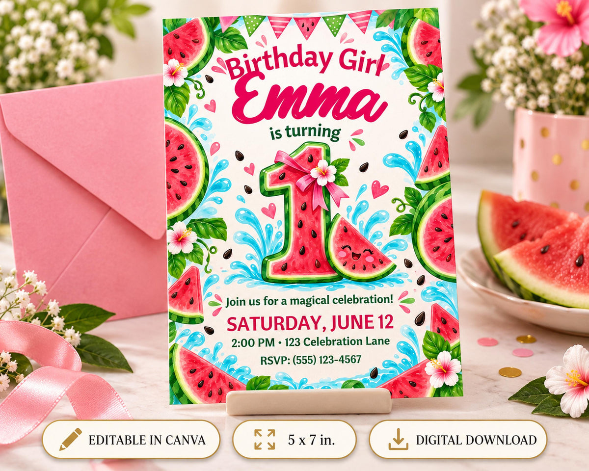 The image is a birthday invitation for a girl named Emma, featuring a watermelon theme with various watermelon slices and decorations surrounding the text.
