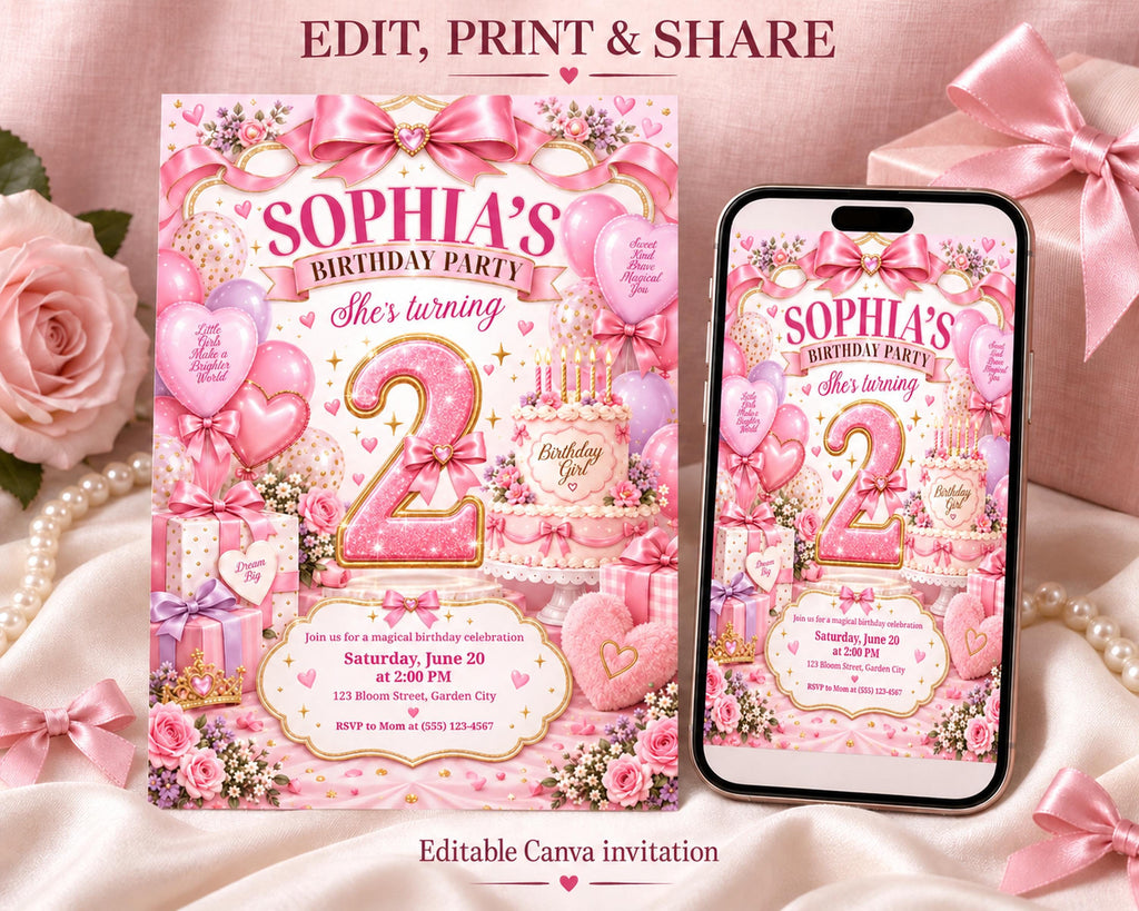 The image is a birthday party invitation for a girl named Sophia, featuring a pink and white color scheme with various decorative elements such as balloons, ribbons, and flowers.