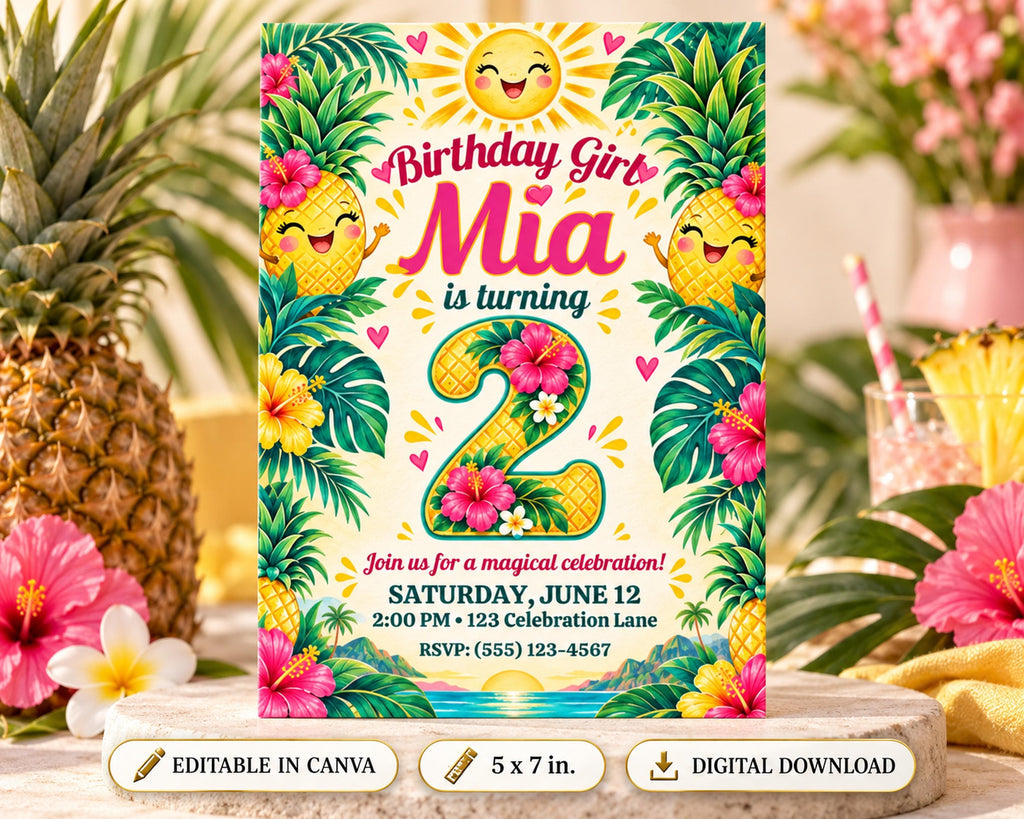 A colorful birthday invitation for a girl named Mia, featuring a tropical theme with pineapple, hibiscus flowers, and a sun.
