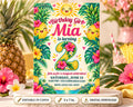 A colorful birthday invitation for a girl named Mia, featuring a tropical theme with pineapple, hibiscus flowers, and a sun.