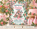 A birthday invitation featuring a koala theme, with the number 4 prominently displayed. The invitation is surrounded by pink flowers and leaves, and there is a cake visible in the background.