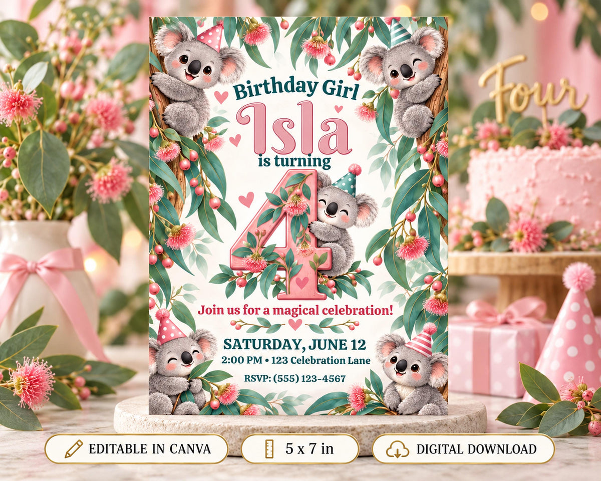 A birthday invitation featuring a koala theme, with the number 4 prominently displayed. The invitation is surrounded by pink flowers and leaves, and there is a cake visible in the background.