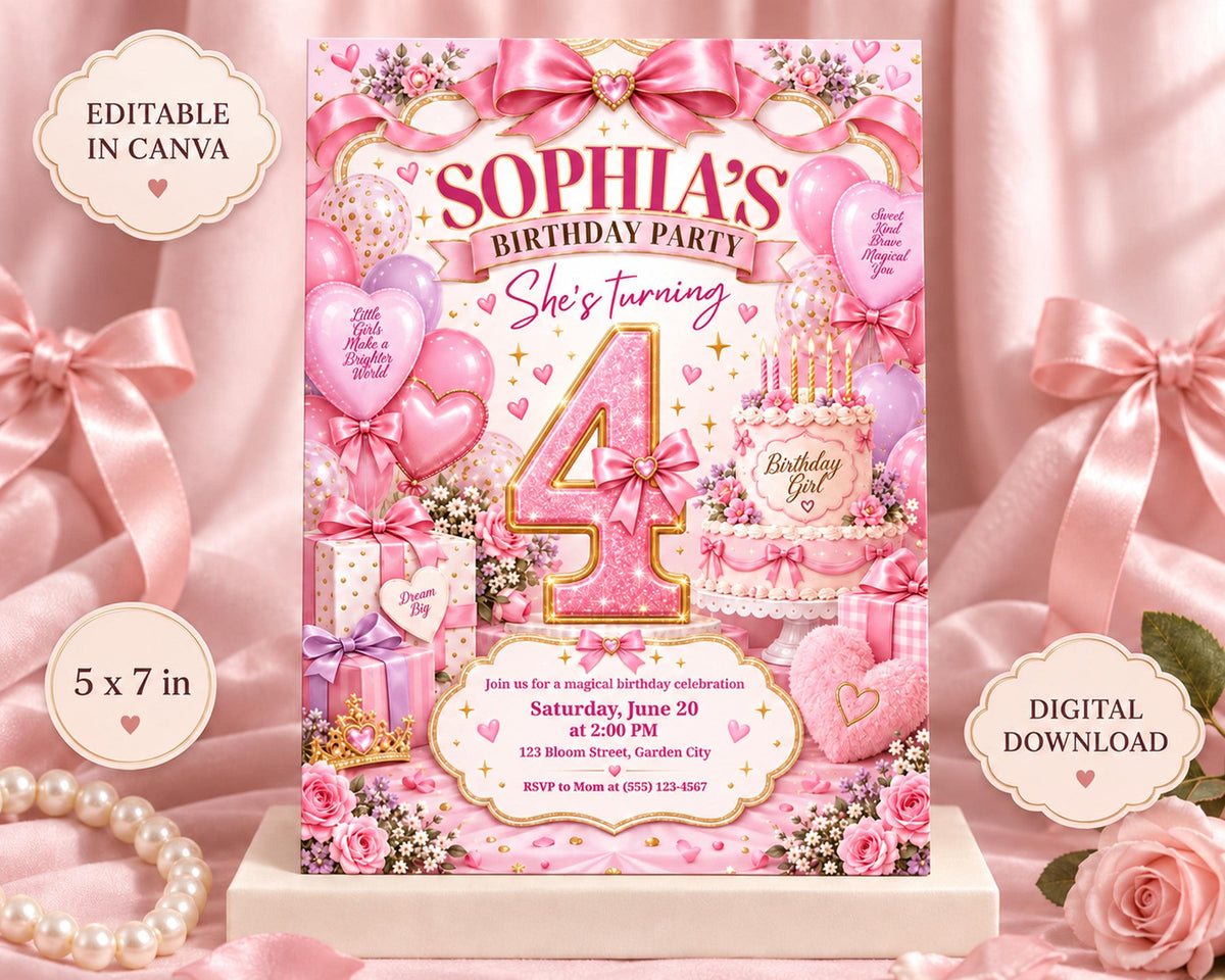 The image is a birthday party invitation for a girl named Sophia, featuring a pink and white color scheme with various decorations such as balloons, flowers, and a cake.