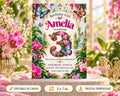 The image is a birthday invitation for a girl named Amelia, featuring a tropical garden theme with colorful butterflies and flowers.