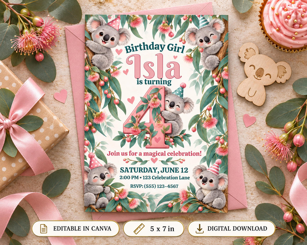 A birthday invitation featuring a koala theme, with illustrations of koalas and pink flowers surrounding the text. The invitation is placed on a pink background with a floral border, and there are pink ribbons and a cupcake nearby.