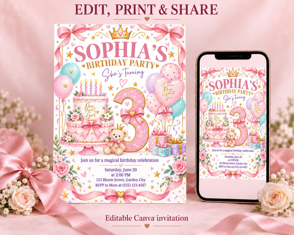 The image is a birthday party invitation for a girl named Sophia, featuring a pink and white color scheme with a teddy bear and balloons. The invitation includes details about the party, such as the date, time, location, and RSVP information.