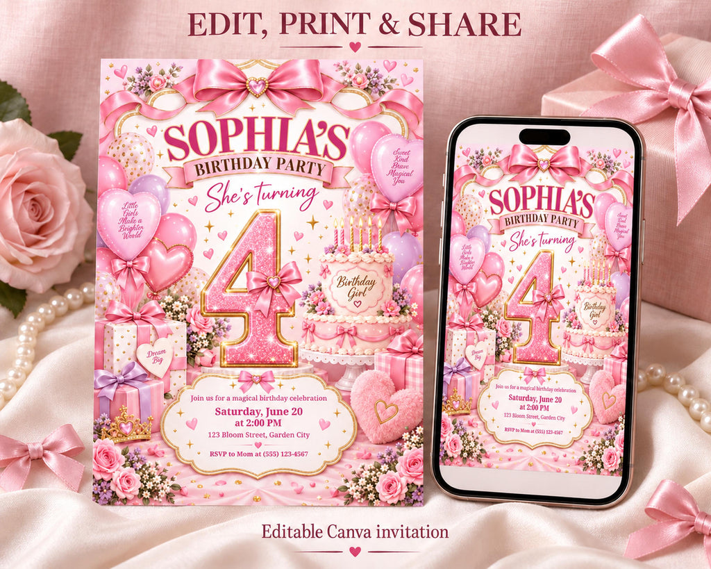 The image is a birthday party invitation for a girl named Sophia, featuring a pink and white color scheme with various decorative elements such as balloons, ribbons, and a cake.