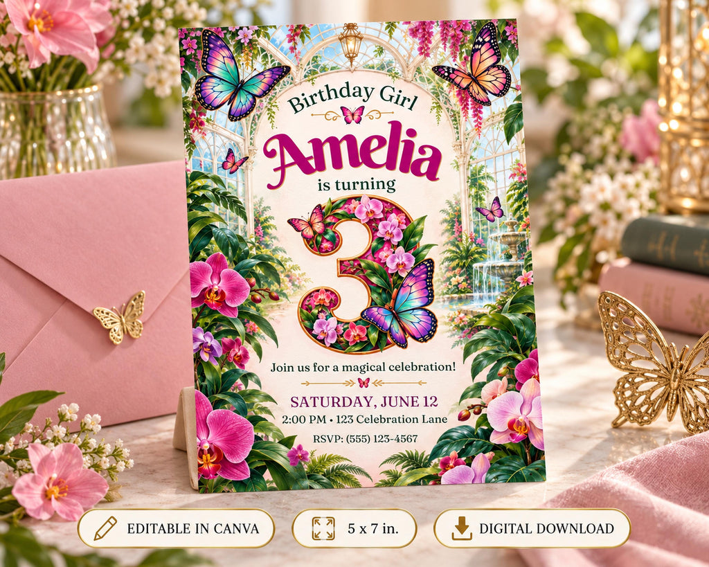 A colorful birthday invitation for a girl named Amelia, featuring butterflies, flowers, and the number 3.