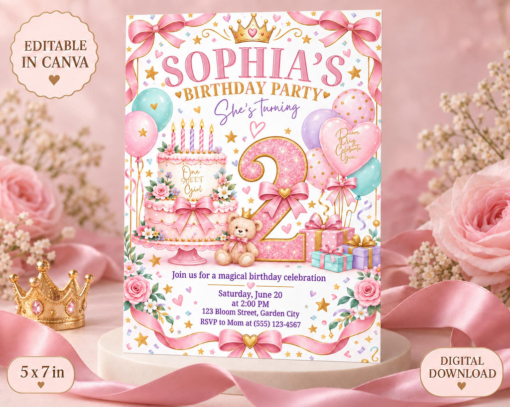 The image is a birthday party invitation for a girl named Sophia, featuring a pink and white color scheme with various decorations such as balloons, a cake, and a crown.