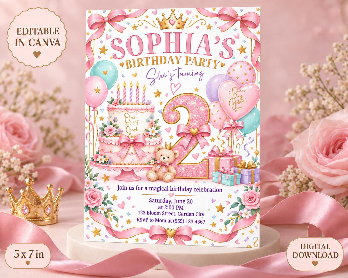 The image is a birthday party invitation for a girl named Sophia, featuring a pink and white color scheme with various decorations such as balloons, a cake, and a crown.