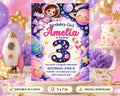 Birthday invitation for a girl named Amelia, featuring a space theme with planets, stars, and a rocket ship.