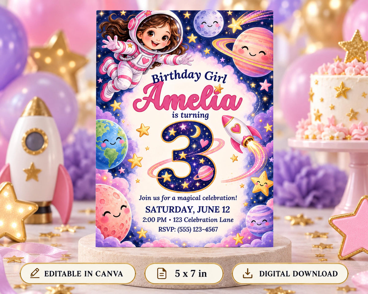 Birthday invitation for a girl named Amelia, featuring a space theme with planets, stars, and a rocket ship.