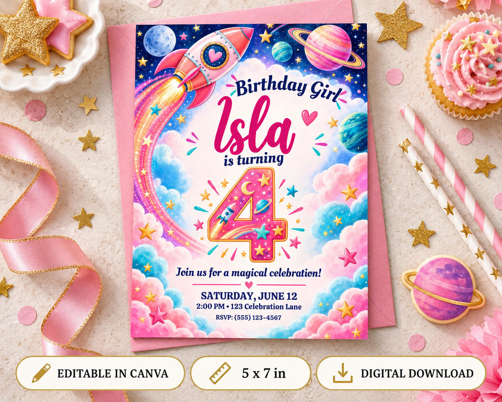 Birthday invitation for a girl named Isla turning 4, featuring a rocket ship, planets, stars, and a pink ribbon.