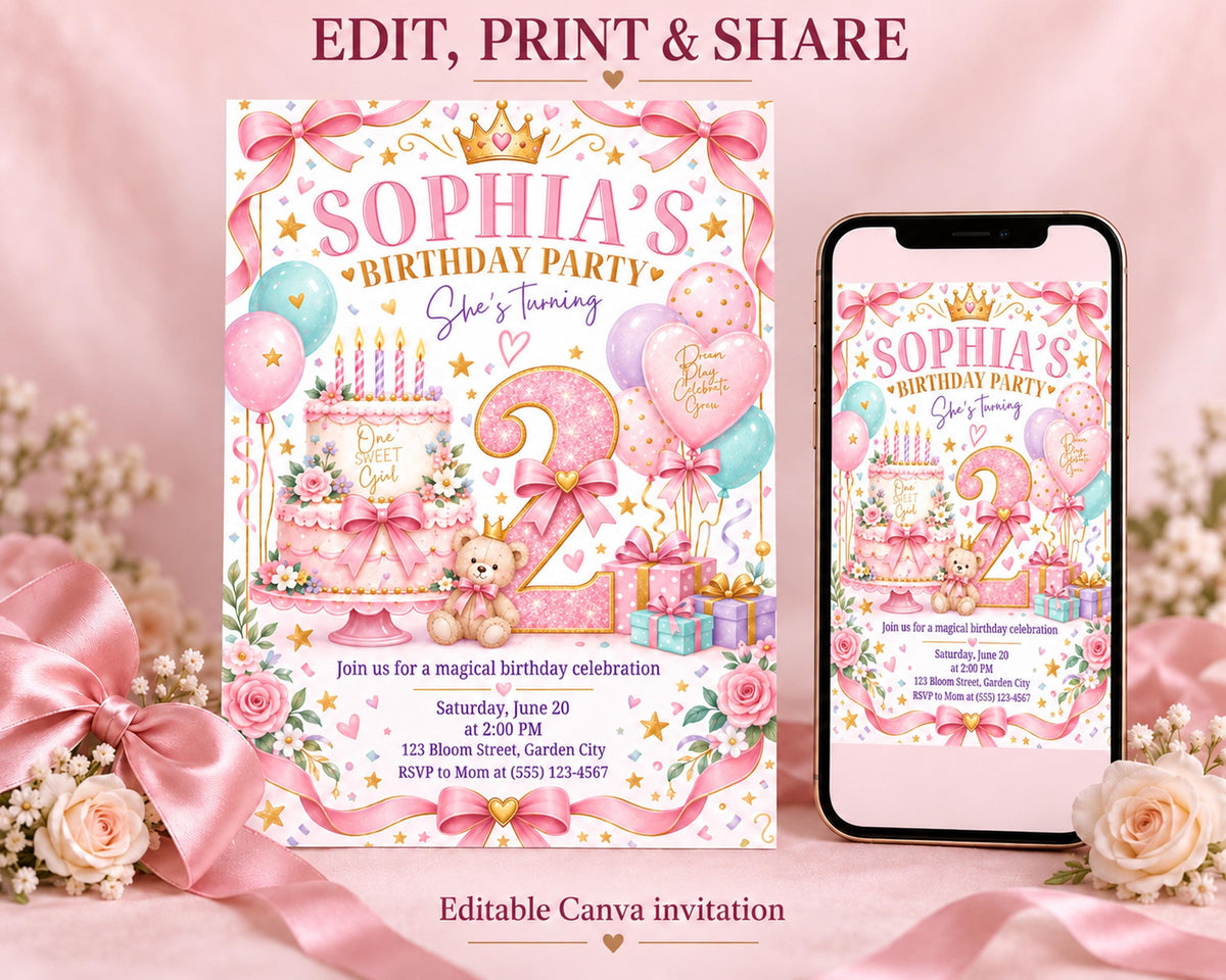 The image is a birthday party invitation for a girl named Sophia, featuring a pink and white color scheme with a teddy bear, balloons, and a cake. The invitation is for a magical birthday celebration and includes details about the event, such as the date, time, location, and RSVP information.