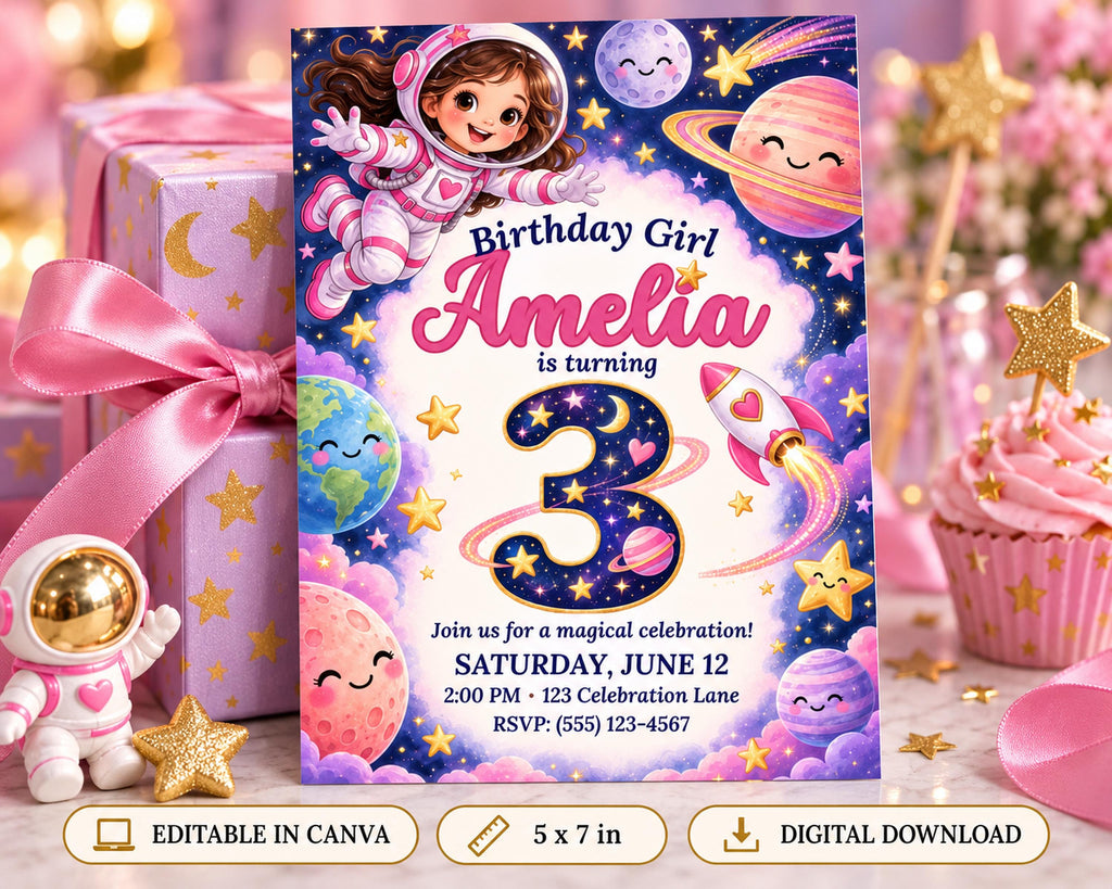 Birthday invitation for a girl named Amelia, featuring a space theme with planets, stars, and a smiling astronaut.