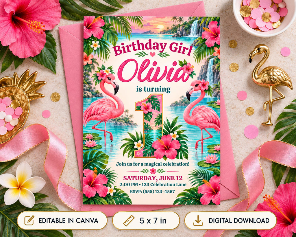 The image is a birthday invitation featuring a tropical theme with pink flamingos, flowers, and palm trees. The text on the invitation reads "Birthday Girl Olivia is turning 1" and invites guests to a magical celebration. The invitation is surrounded by various decorative elements such as a bowl of flowers, a gold flamingo, and a pink ribbon.