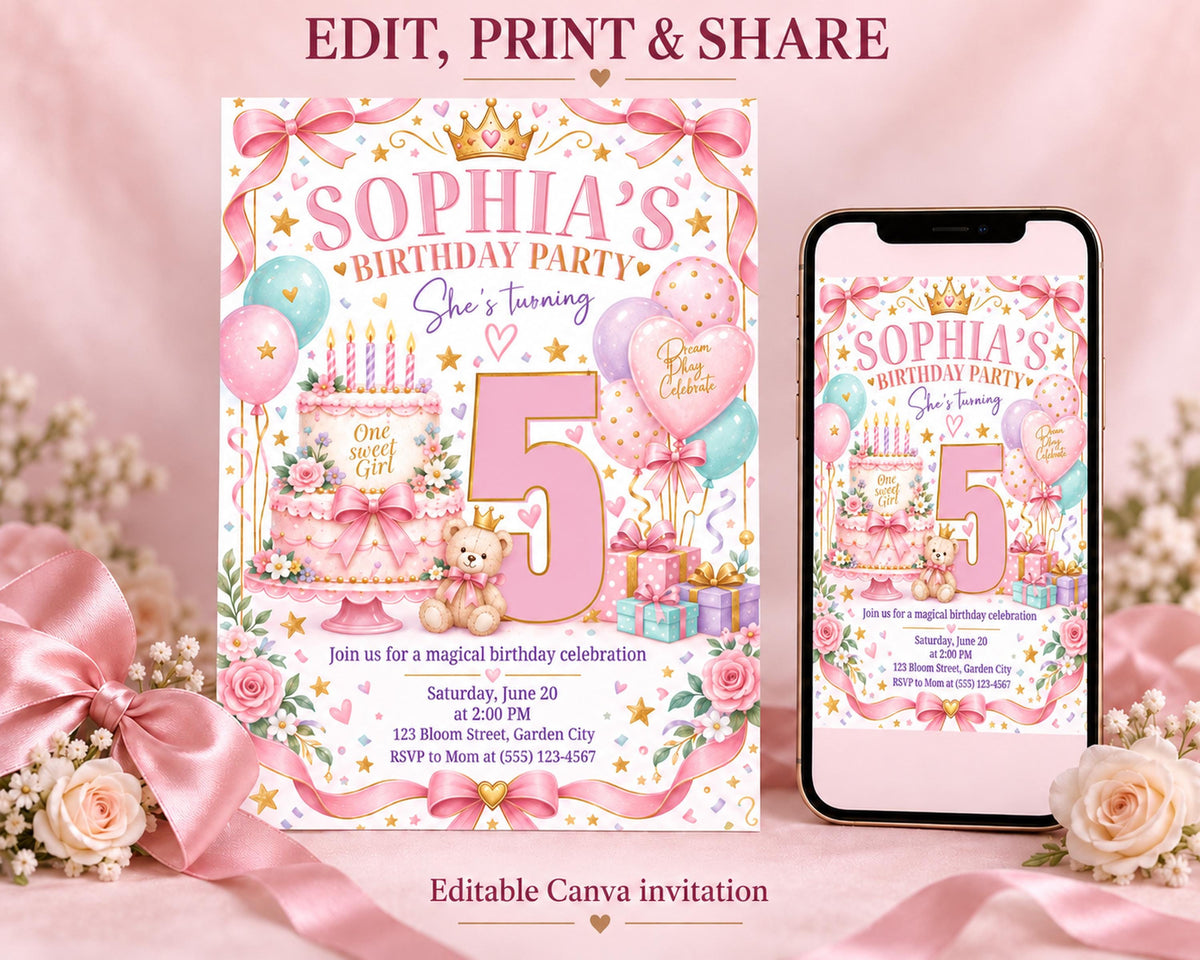 The image is a birthday party invitation for a girl named Sophia, who is turning five years old. The invitation features a pink and white color scheme with various elements such as balloons, a cake, and a crown. The text on the invitation includes "Sophia's Birthday Party" and "She's turning 5", indicating the theme and age of the celebration. The invitation also provides details about the event, including the date, time, location, and RSVP information.