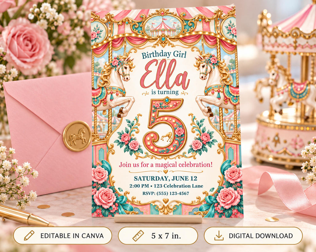 A birthday invitation for a girl named Ella, featuring a carousel theme with pink and gold decorations, roses, and the number 5.