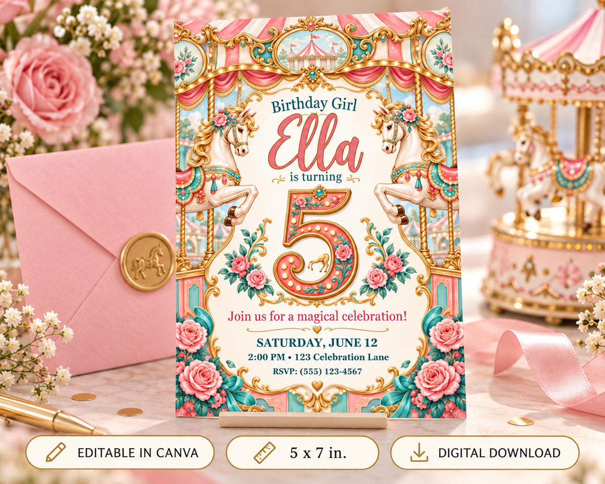 A birthday invitation for a girl named Ella, featuring a carousel theme with pink and gold decorations, roses, and the number 5.