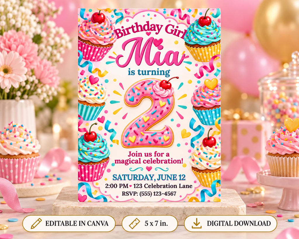 A colorful birthday invitation for a girl named Mia, featuring cupcakes, balloons, and confetti.