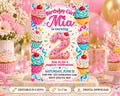 A colorful birthday invitation for a girl named Mia, featuring cupcakes, balloons, and confetti.