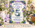 The image is a birthday invitation for a girl named Ella, featuring a floral design with blueberries and a house. The invitation is for a magical celebration on Saturday, June 12th at 2:00 PM at Celebration Lane. The invitation also includes an RSVP option and a digital download option.
