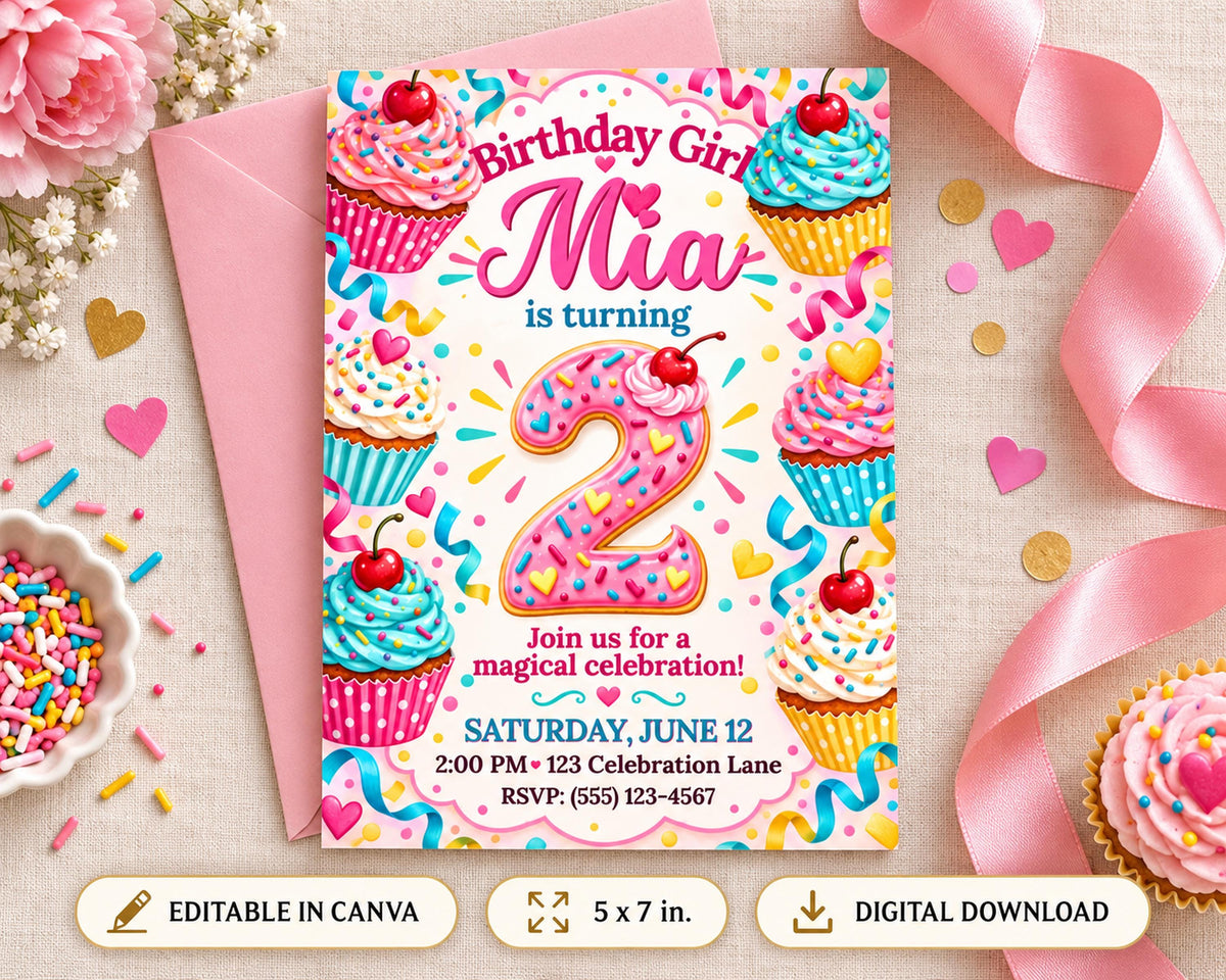 The image is a birthday invitation for a girl named Mia, featuring colorful cupcakes and sprinkles, along with a pink ribbon and other decorative elements.